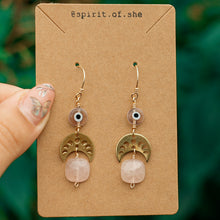 Load image into Gallery viewer, 14ct GF Rose Quartz &amp; Evil Eye Moon Earrings
