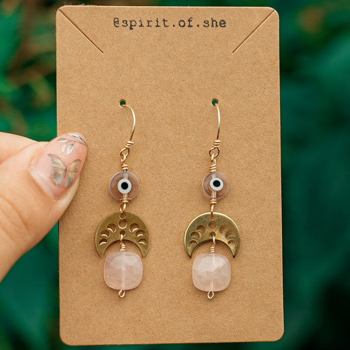 14ct GF Rose Quartz & Evil Eye Moon Earrings