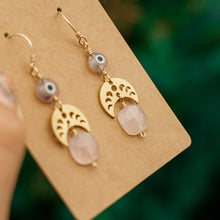 Load image into Gallery viewer, 14ct GF Rose Quartz &amp; Evil Eye Moon Earrings
