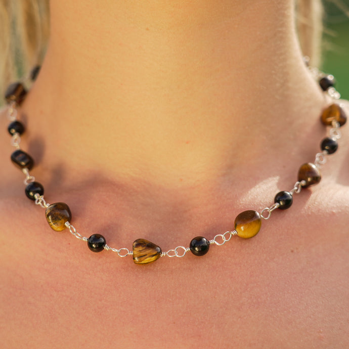 925 SS Tiger's Eye & Black Tourmaline Chunky Necklace