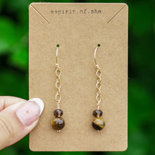 Load image into Gallery viewer, 14ct GF Tiger&#39;s Eye &amp; Smokey Quartz Chain Earrings
