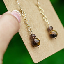 Load image into Gallery viewer, 14ct GF Tiger&#39;s Eye &amp; Smokey Quartz Chain Earrings
