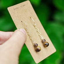 Load image into Gallery viewer, 14ct GF Tiger&#39;s Eye &amp; Smokey Quartz Chain Earrings
