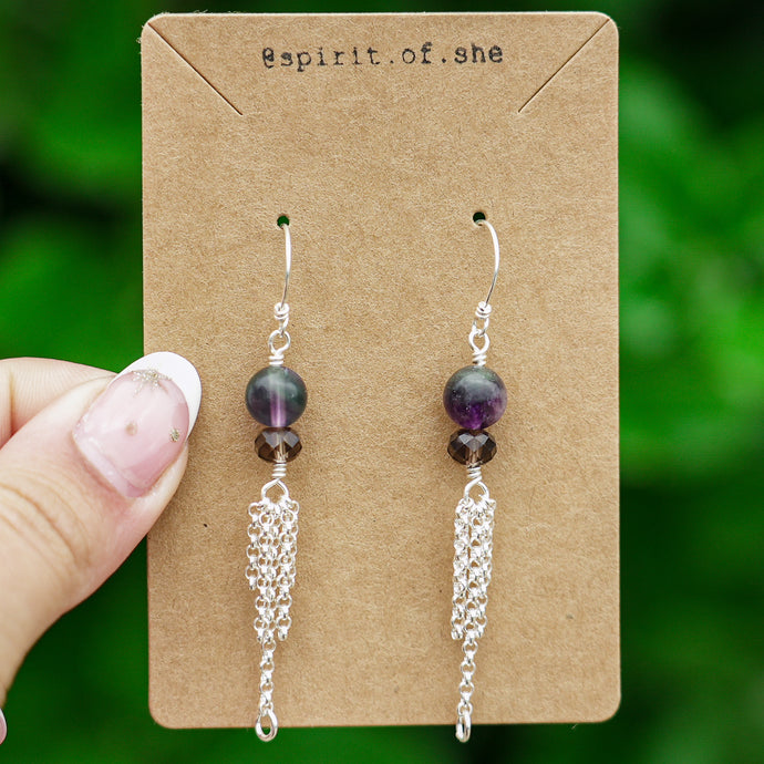 925 SS Smokey Quartz & Fluorite Chain Earrings