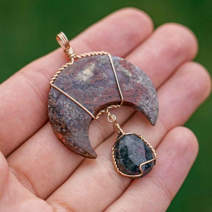 14ct GF Moss Agate & Ruby Zoisite Moon Pendant