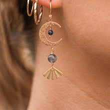 Load image into Gallery viewer, 14ct GF Labradorite &amp; Blue Sapphire Moon Earrings
