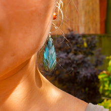 Load image into Gallery viewer, 925 SS Labradorite Leaf Hoop Earrings
