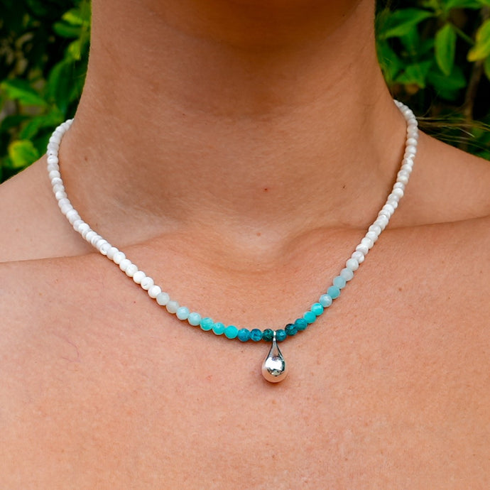 925 SS Onyx, Amazonite, Blue Apatite & Clear Quartz Bead Necklace