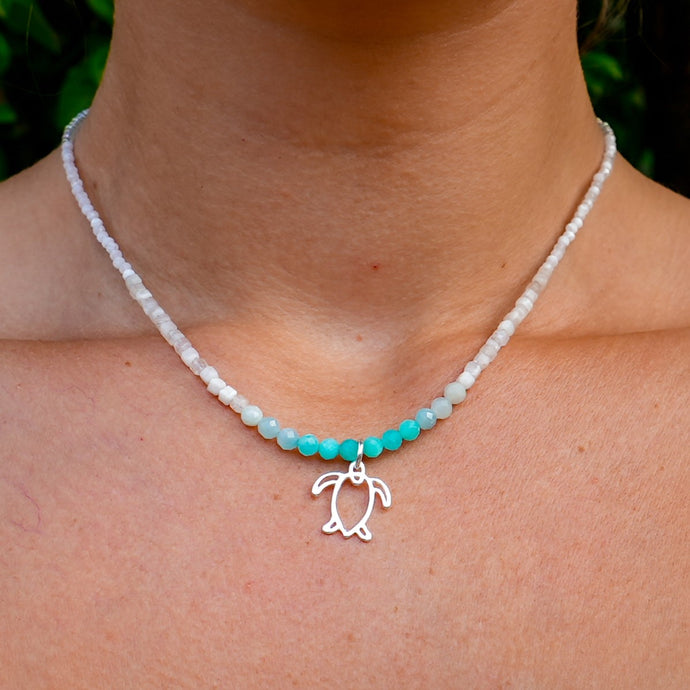 925 SS Turtle, Amazonite, Blue Apatite & Moonstone Bead Necklace