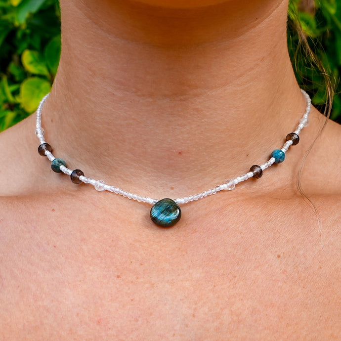 925 SS Labradorite, Smokey Quartz, Blue Apatite, Clear Quartz Bead Necklace