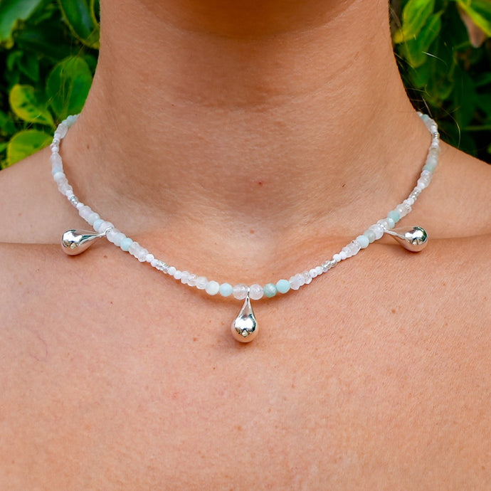 925 SS Amazonite & Moonstone Drip Bead Necklace